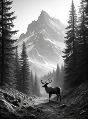 Black and white: tall pine tree forest on the slopes of a high mountain range. The silhouette of a strong and big reindeer standing at the beginning of the path at the entrance of the forest, looking at the mountain.