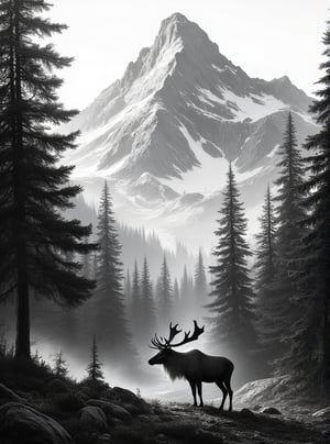 Black and white: tall pine tree forest on the slopes of a high mountain range. The silhouette of a strong and big reindeer standing at the beginning of the forest, looking at the mountain.