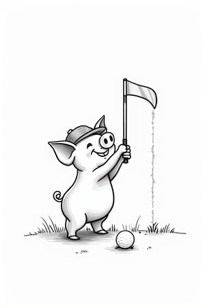 Black and white: Sketch: Line work: A pig playing golf. 