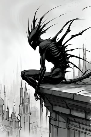 Full body: Black and white: Sketch: Line work: A dark, humanoid figure with glowing red streaks and sharp, elongated spikes protruding from its back. The figure is perched on the edge of a high structure, overlooking a misty cityscape with various architectural buildings. The atmosphere is eerie, with a smoky aura emanating from the figure, blending with the misty backdrop.