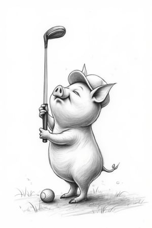 Black and white: Sketch: Line work: A pig playing golf. 