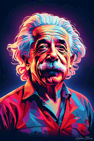 Albert Einstein shows tongue, wpap, pop art, red neon style, high_resolution, high detaild, neon photography style, 