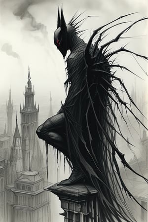 Black and white: Sketch: Line work: A dark, humanoid figure with glowing red streaks and sharp, elongated spikes protruding from its back. The figure is perched on the edge of a high structure, overlooking a misty cityscape with various architectural buildings. The atmosphere is eerie, with a smoky aura emanating from the figure, blending with the misty backdrop.