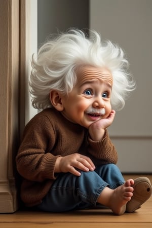 little cute Albert Einatein, cute smile, sitting beside wall, one hand on face, thinking