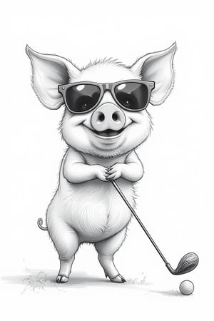 Black and white: Sketch: Line work: A pig with sunglasses, playing golf. ,0ilac_style,in the style of t0k