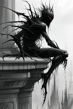 Full body: Black and white: Sketch: Line work: A dark, humanoid figure with glowing red streaks and sharp, elongated spikes protruding from its back. The figure is perched on the edge of a high structure, overlooking a misty cityscape with various architectural buildings. The atmosphere is eerie, with a smoky aura emanating from the figure, blending with the misty backdrop.