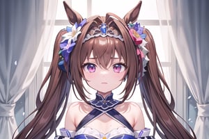 1girl, (masterpiece), (((best quality))), daiwa scarlet (umamusume),animal ears, horse ears, horse girl, long hair, twintails, hair intakes, brown hair, tiara, very long hair, red eyes,good_hands,(jewelry eyes:1.2), (floral tiara), ((exquisite illustration of a girl wearing flowers)), ((blooming flowers)), ultra detailed, perfect light, 8k high-resolution,