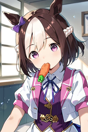 masterpiece, best quality, 
special week \(umamusume\), 
(mouth hold carrot:1.3), indoors, 
upper body,
ear bow, purple bow, puffy short sleeves, neck ribbon, blue ribbon, cropped jacket, white jacket, two-tone jacket, collared shirt, white shirt, purple vest, wristband, wrist cuffs, white skirt,score_9,score_8_up,score_6_up,score_7_up