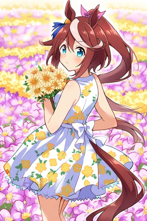 1girl, tokai Teio (Umamusume), :}, flowers, flower field, holding a flower, from behind, dress, floral print, sleeveless dress, looking at viewer,specialweek, tokaiteio, tail, horse girl, horse ears,