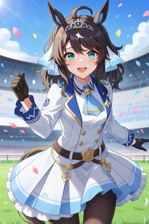 masterpiece, best quality,
daring tact \(umamusume\),
stadium, grass, petal, confetti, looking at viewer, happy tears, 
(tiara:1.3), black pantyhose, 
blue ascot, black gloves, wrist cuffs, long sleeves, collared shirt, white shirt, open jacket, white jacket, belt, layered skirt, white skirt, frills, 