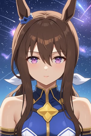 1girl, admire vega (umamusume), animal ears, horse ears, horse girl, brown hair, long hair, ear covers, hair between eyes, purple eyes, shooting star, star (sky), night sky, looking at viewer, best quality, (((masterpiece))),ultra detailed, perfect light, 