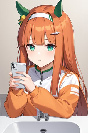 score_6_up, score_9, score_7_up, score_8_up, score_9_up, 1girl, silence suzuka (umamusume), animal ears, horse ears, horse girl, long hair, orange hair, hairband, ear covers, alone, Bathroom background, Holding a smartphone and taking a selfie in the mirror, racing outfit, (jewelry eyes:1.2), ultra detailed, perfect light, 8k high-resolution,good_hands,