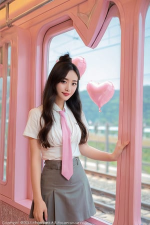 A beautiful young Asian woman with MESSY BUN,
dark hair stands inside a pastel-pink train
car, making a heart shape with her hands.
She wears a white short-sleeved shirt, a
pink necktie, and a gray pleated skirt.
Heart-shaped balloons float outside the
train window against a clear blue sky,
creating a dreamy, romantic atmosphere.