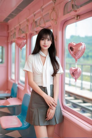 A beautiful young Asian woman with MESSY BUN,
dark hair stands inside a pastel-pink train
car, making a heart shape with her hands.
She wears a white short-sleeved shirt, a
pink necktie, and a gray pleated skirt.
Heart-shaped balloons float outside the
train window against a clear blue sky,
creating a dreamy, romantic atmosphere.