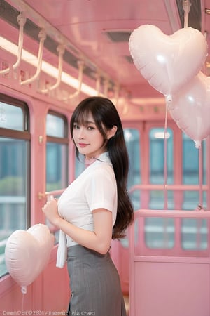 A beautiful young Asian woman with long,
dark hair stands inside a pastel-pink train
car, making a heart shape with her hands.
She wears a white short-sleeved shirt, a
pink necktie, and a gray pleated skirt.
Heart-shaped balloons float outside the
train window against a clear blue sky,
creating a dreamy, romantic atmosphere.