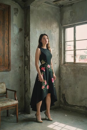 a woman with long, straight brown hair, wearing a black sleeveless dress adorned with pink flowers. She is standing in a dimly lit room with natural light coming in from the windows. The walls are painted a light green, and the floor beneath her is made up of gray concrete. The woman's dress is adorned with a floral pattern, adding a touch of charm to the scene.