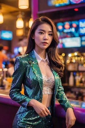 Magmix Thai girl with a nightclub bar background, boldly dressed, glitter, flash lighting 