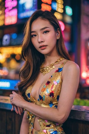 Magmix Thai girl with a nightclub bar background, boldly dressed, glitter, flash lighting 