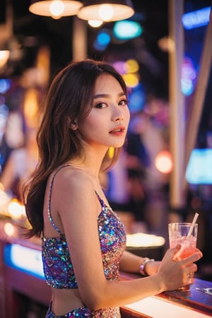 Magmix Thai girl with a nightclub bar background, boldly dressed, glitter, flash lighting 