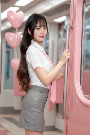 A beautiful young Asian woman with long,
dark hair stands inside a pastel-pink train
car, making a heart shape with her hands.
She wears a white short-sleeved shirt, a
pink necktie, and a gray pleated skirt.
Heart-shaped balloons float outside the
train window against a clear blue sky,
creating a dreamy, romantic atmosphere.