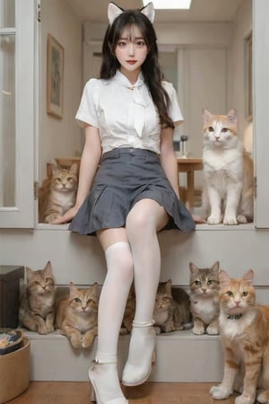 Prompt ::
full body of cute beautiful young woman
with long, dark hair, round eyeglasses, cute
pose and sitting in a cat cafe, looking at
viewer with smile face, She wears a cute
puffy cat-ears, white short sleeves
sailor-style blouse, a navy blue pleated
short skirt and white knee-high stocking.
surrounded by different breeds of cute
cats, many cats wandering in the cafe.