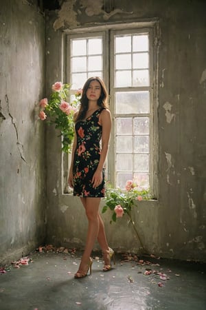 a woman with long, straight brown hair, wearing a black sleeveless dress adorned with pink flowers. She is standing in a dimly lit room with natural light coming in from the windows. The walls are painted a light green, and the floor beneath her is made up of gray concrete. The woman's dress is adorned with a floral pattern, adding a touch of charm to the scene.