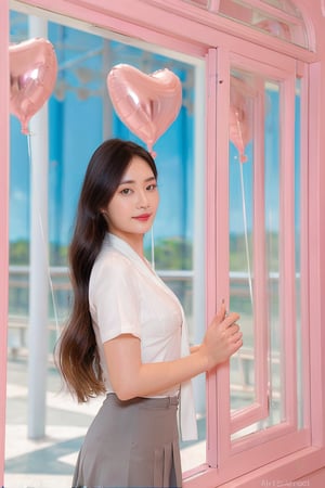 A beautiful young Asian woman with long,
dark hair stands inside a pastel-pink train
car, making a heart shape with her hands.
She wears a white short-sleeved shirt, a
pink necktie, and a gray pleated skirt.
Heart-shaped balloons float outside the
train window against a clear blue sky,
creating a dreamy, romantic atmosphere.