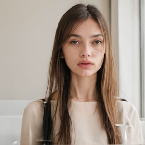 A young woman with long, dark hair and deep brown eyes stands inside a cozy café, her midriff and navel slightly exposed through a black skirt. Her expressive eyes sparkle with light freckles on her cheeks, and her soft, neutral expression conveys a sense of calmness. Subtly glossed lips and delicate jewelry adorn her face, adding elegance to her casual attire. The background features wooden tables, chairs, and a menu board, with gentle reflections on the glass windows. A coffee cup sits in front of her, its smooth surface gleaming in the soft light. Every detail is meticulously rendered, from the fine textures of her jewelry to the vivid wood grain of the furniture, creating an ultra-realistic 8K image that feels like a solo indoor portrait.