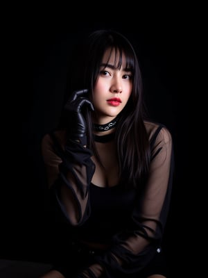 A photo of a 22-year-old Japanese HALF KOREAN woman . She wear net see though shirt. The photo was taken on film using flash photography. The background is black.wearing long gloves, The lighting is professional,long straight hair,wearing chainsaw collar,red mouth