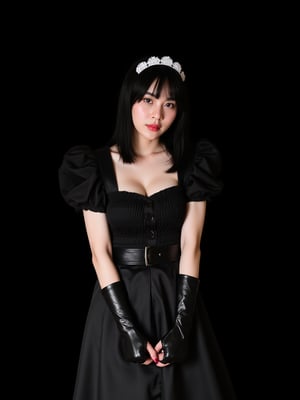 A photo of a 22-year-old thai woman with half-Korean heritage. WEARING long black latex gloves and maid outfit she is cosplayer. The photo was taken on film using flash photography. The background is black. The lighting is professional.,UPPON BUN black hair,psylock from X-men,