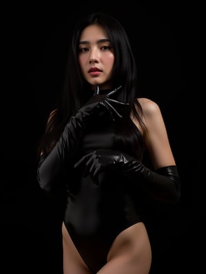 A photo of a 22-year-old thai woman with half-Korean heritage. WEARING long black latex gloves and latex black turtle neck one-picec swimsuit. she is cosplayer. The photo was taken on film using flash photography. The background is black. The lighting is professional.,long black hair,psylock from X-men,