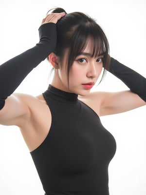 A photo of a 22-year-old beautiful thai woman with half-Korean heritage. WEARING long black latex gloves and SEE THORUGH turtle neck one-picec swimsuit. she is cosplayer. The photo was taken on film using flash photography. The background is white. The lighting is professional.,top single bun hair,red mouth,bang hair,light professional,hands behind head