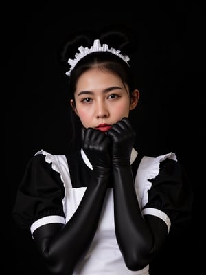 A photo of a 22-year-old thai woman with half-Korean heritage. WEARING long black latex gloves and maid outfit she is cosplayer. The photo was taken on film using flash photography. The background is black. The lighting is professional.,UPPON BUN black hair,psylock from X-men,