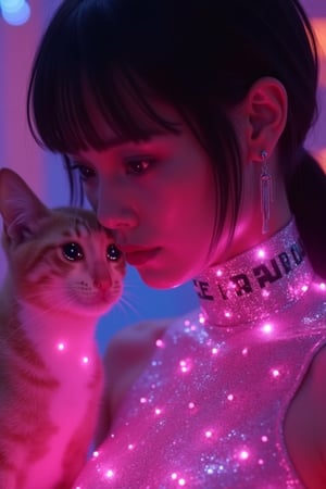 a close up of a woman wearing a shiny top and a choke, ross tran 8 k, glowing magical shiny skin, by Russell Dongjun Lu, beautiful digital artwork, brandon woelfel, ross tran style, bright cyberpunk glow, dreamy cyberpunk girl, artem demura beeple, cyberpunk vibes,  beside her is a,crying cat looking at her