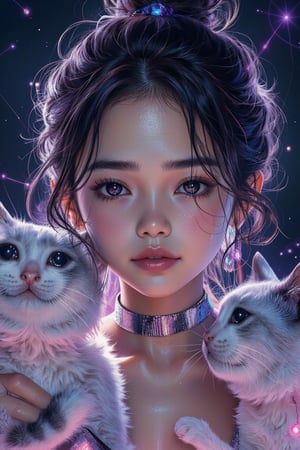 Anime Style of a close up of an asian girl  wearing a shiny top and a choke, ross tran 8 k, glowing magical shiny skin, by Russell Dongjun Lu, beautiful digital artwork, brandon woelfel, ross tran style, bright cyberpunk glow, dreamy cyberpunk girl, artem demura beeple, cyberpunk vibes,  beside her is a, crying cat looking at her,