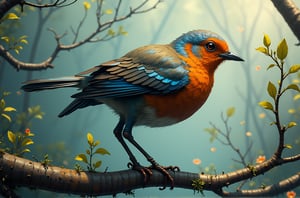 surreal photography, dreamlike imagery of a mechanical robin bird on a branch, Anime Style