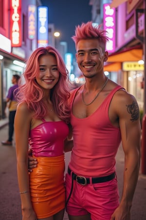 A captivating photo of a young Asian man and an Asian girl, styled with unique hair and vibrant outfits, set against a backdrop of a neon-lit city in ruins. The girl has striking wavy pink hair, while the man sports a bold mohawk. Both are dressed in tight pink and orange latex dresses, looking directly at the camera with cheerful smiles. They strike a playful, cute pose, adding a lively contrast to the desolate urban setting. The scene is illuminated by the neon lights, casting colorful reflections on the crumbling structures, creating a surreal Saturday night atmosphere.