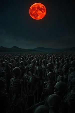 Skeletons emerging from the abyss in a wide field under a super red moon, the moonlight casting an eerie glow, the composition is wide-angle to capture the expansive field, skeletons in various poses, some standing, some reaching out, gathering of skeletons under the super red moon.,High Contrast