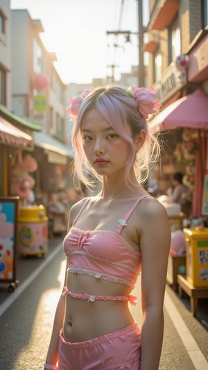 A whimsical Harajuku girl with pastel-colored hair, wearing a mix of neon and soft vintage clothes, stands confidently in a bustling Tokyo street. The scene is filled with vibrant shop signs and quirky street art. Golden hour light casts long shadows, illuminating her playful smile as her oversized bow sways gently in the breeze. npl
