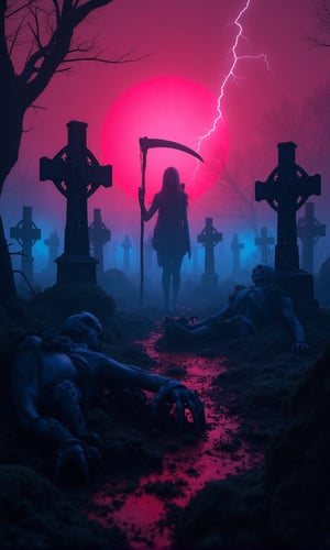 An cyberpunk cemetery with tombstones that glow with dim blue and pink LED lights, eerie shadows cast by a dim red sky. From the graves, skeletal hands are slowly emerging, covered in dirt and decay. In the center, a figure with a scythe stands menacingly, surrounded by decomposed bodies crawling out of the ground. Thick fog rolls low across the ground, while distant lightning briefly illuminates the scene. The atmosphere is one of deep despair and terror, with a heavy air of death and decay,cyberpunk style,1 girl