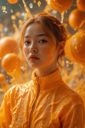 upper body shot, art, young girl, liquid suit, closed eyes, look up,surreal orange juice, orange juice diffusion, epic composition, splashes, coolant flowing around, npl