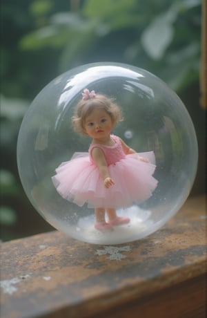 the image shows a tiny ballerina girl in a bubble glass, Hasselblad H6D-100c, reduced exposure, maximum contrast, ISO 400, with a 120mm macro lens and extension tubes. npl