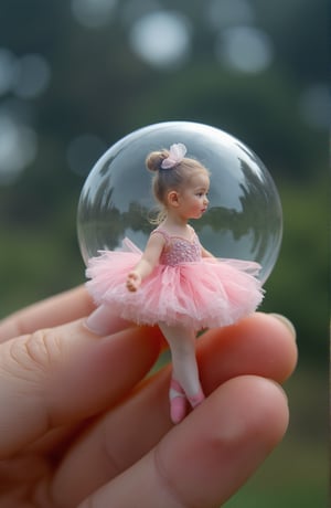 the image shows a tiny ballerina girl a bubble, Hasselblad H6D-100c, reduced exposure, maximum contrast, ISO 400, with a 180mm macro lens and extension tubes. npl