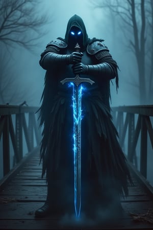 An abyssal knight, draped in tattered, dark armor that pulses with a faint, eerie glow, stands on a creaking wooden bridge. He points the tip of a massive, rune-etched sword menacingly at the camera, the blade crackling with dark energy. Shadows swirl around him, and the misty air is thick with tension. Blue flames flicker within his hollow eyes, reflecting the bridge's warped, splintered planks, over the sword camera view