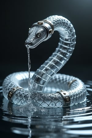 A sleek, serpentine snake, its body stylized as an intricate network of maze-like water pipes, slithers smoothly across the scene, its head ready to strike. The metallic pipes twist and turn in complex patterns, with joints and valves gleaming under soft light. Water flows through the transparent sections, creating ripples that mimic the snake's movement. The design blends organic grace with industrial precision, forming a mesmerizing, fluid structure