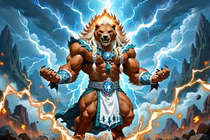 A majestic, muscular bear, Volibear, stands triumphant amidst a turbulent stormy backdrop. His fur ruffled by the fierce winds, his eyes gleam with divine energy as he unleashes a mighty roar, summoning thunder and lightning to do his bidding. The dark, foreboding clouds swirl around him, emphasizing his imposing figure.