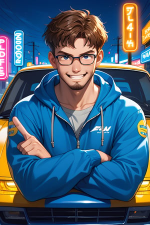 a 30 year old guy with his arms crossed sitting on the hood of his car, a blue Nissan Skyline R34, he has glasses, short hair with a tuft pointing to the left, a short beard and a provocative smile, a challenging look, he is inside an underground parking lot lit by neon lights