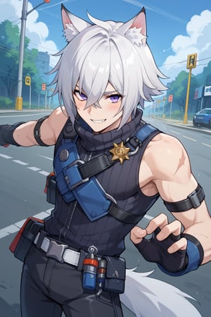 score_9,score_8_up,score_7_up,score_6_up,score_5_up,score_4_up,source_anime,BREAK,Seth_Lowell,white hair,hair between eyes,wolf ears,long tail,purple eyes,sleeveless, belt, black pants, BREAK, 1boy, uncencored, solo, focus male, looking_at_viewer, dynamic pose ,blush, smile, BREAK, roadside, contrast, upper body view,