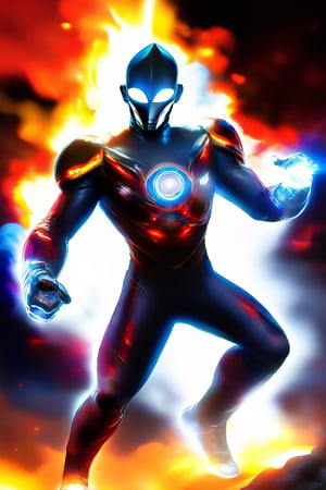 Masterpiece, (Ultraman), Realistic photo, Realistic, Detailed, Solo, 40 meters tall, ((One giant man: 1.4)), Full body, Male focus, Blue glowing color timer on chest, ((Silver, blue and red colored bodysuit: 1.4)), Explosive flames, Smoke, Glowing eyes, Dynamic angles, ((Fighting pose: 1.4)), White eyes, No pupils, Alien, SFX,RPG_Background