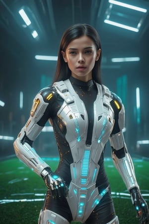 Super real style, 20-year-old Asian model beauty with beautiful long black hair and sharp black eyes, wearing a fashionable white futuristic mecha suit with glowing blue lines on it. She stood in a high-tech laboratory filled with neon lights, holographic screens and advanced robotic arms. Her expression was focused and determined.
She is playing football on the green field, she is a football model, she is playing football with a playful expression, 8K